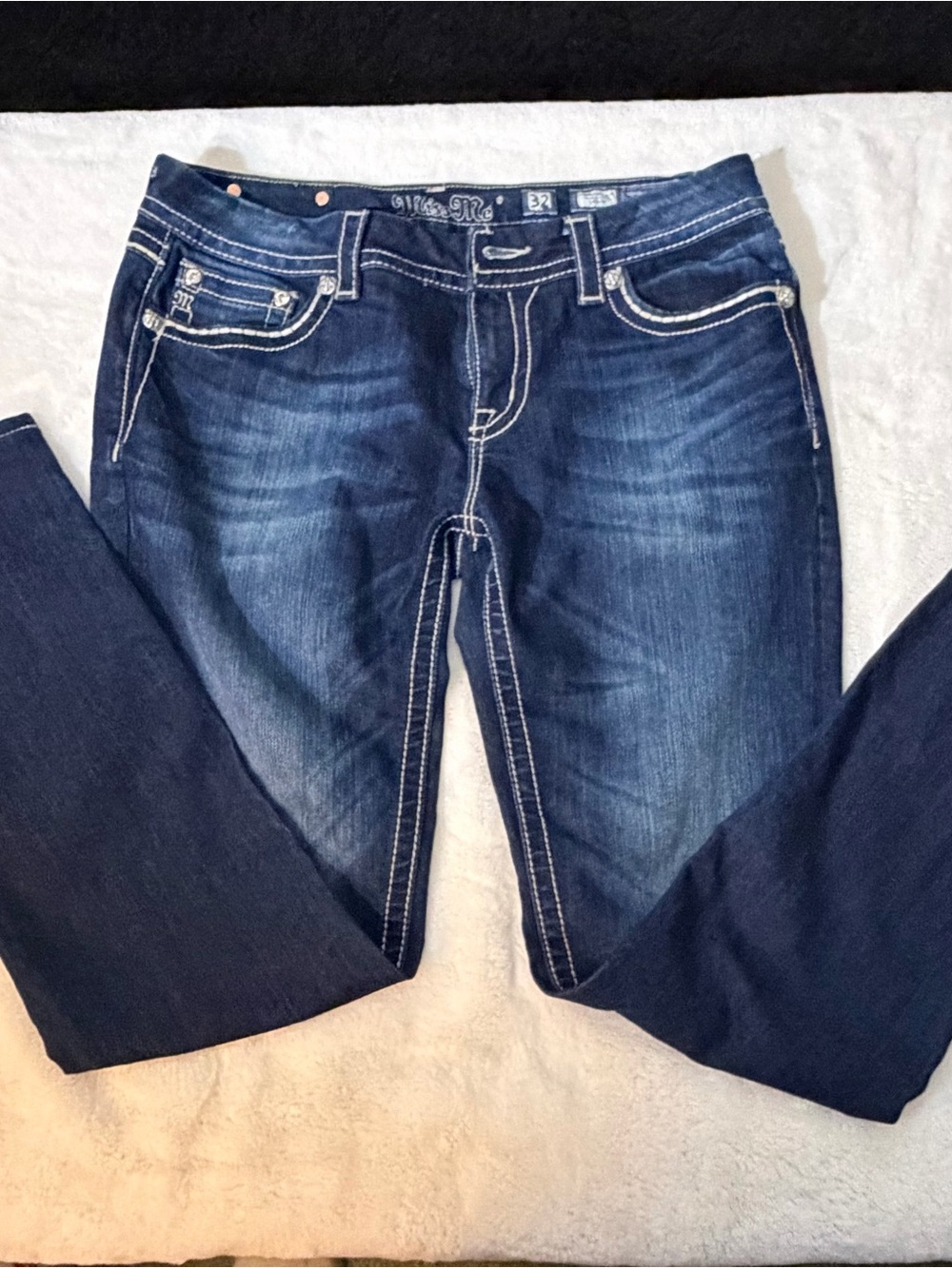 Miss Me Indigo Flare Jeans with White Contrast Stitching
